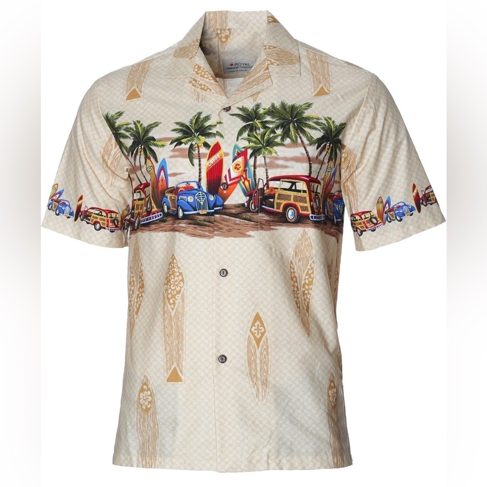 Royal Hawaiian Creations Surfer Oasis Woody Stop Hawaiian Button Up Shirt